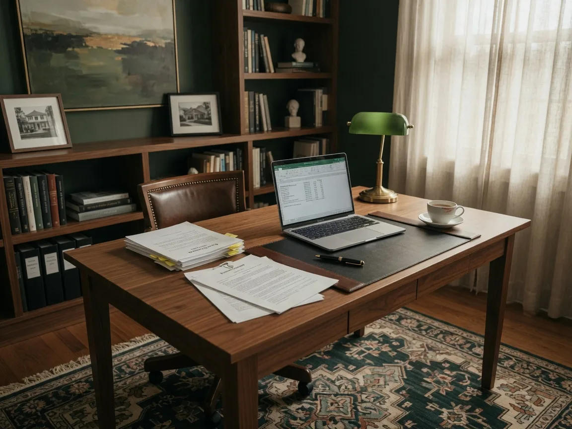 Refined home office in a Knoxville luxury home with contract documents arranged on a walnut desk in soft late-afternoon light