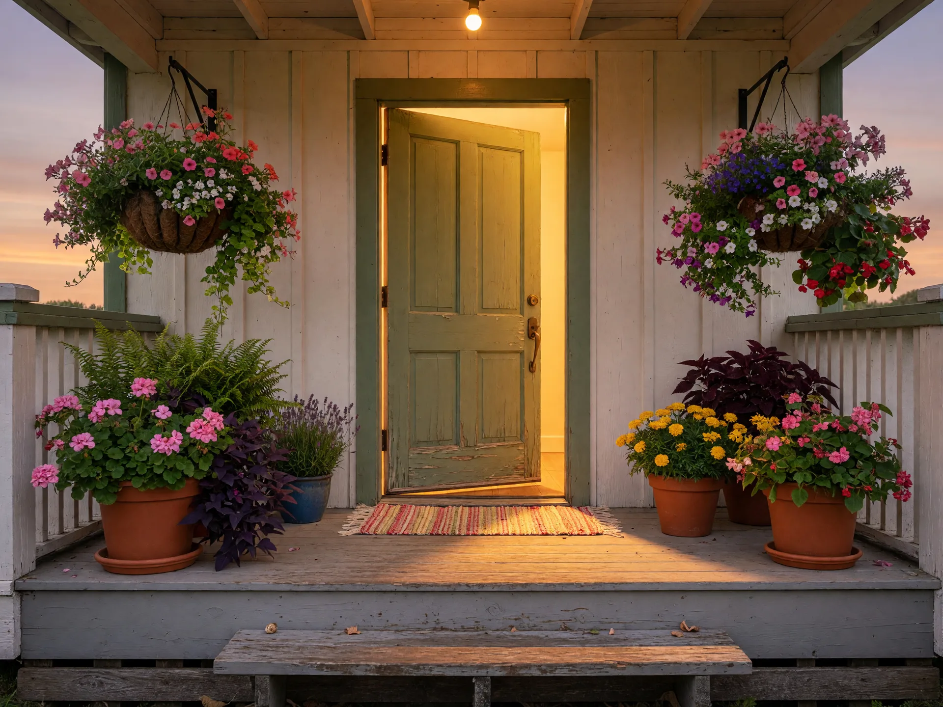 A home's front door slightly ajar with warm light spilling out onto a welcoming porch, an invitation to step in