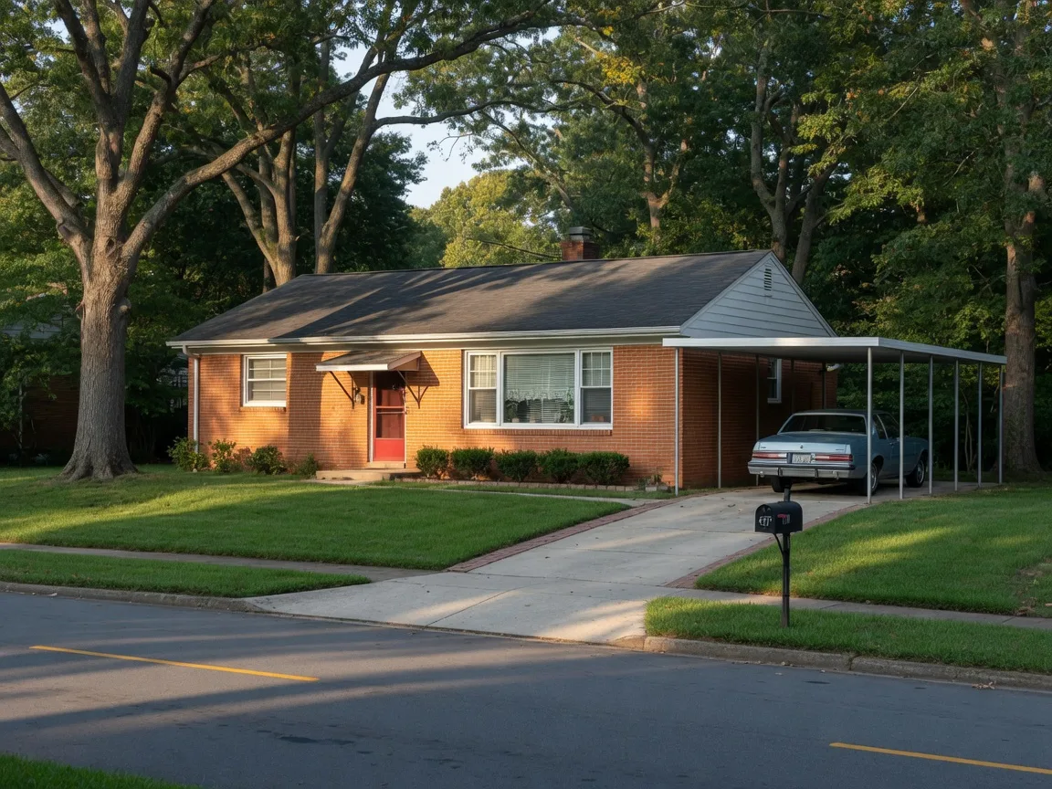 Classic mid-century brick atomic ranch home with a wide picture window on a sunny September morning in East Charlotte NC