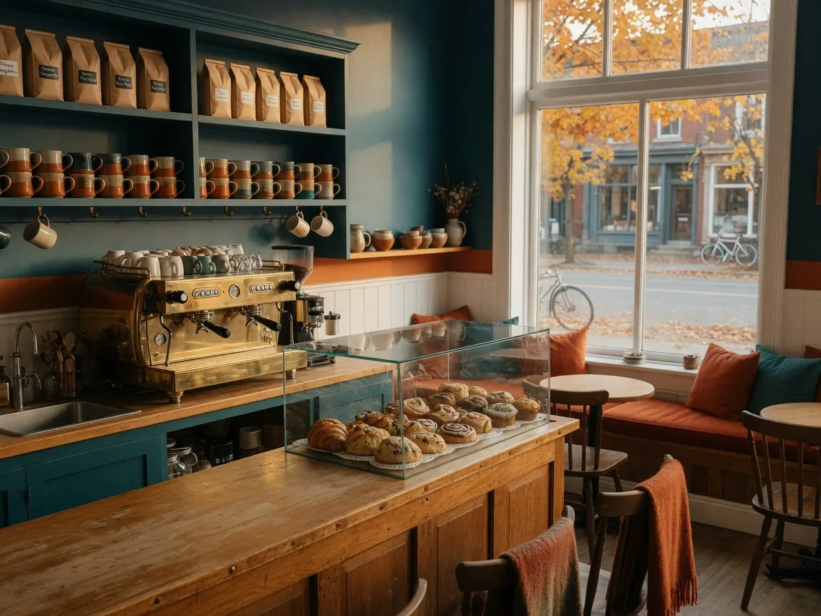 A warm small-town coffee bar with a wooden counter, brass espresso machine and a glass case of pastries on a September morning