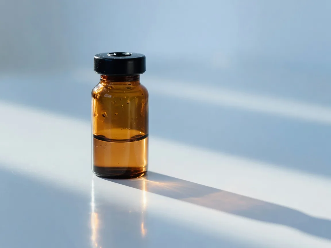 An amber vial on a clean laboratory surface, representing regenerative medicine preparations