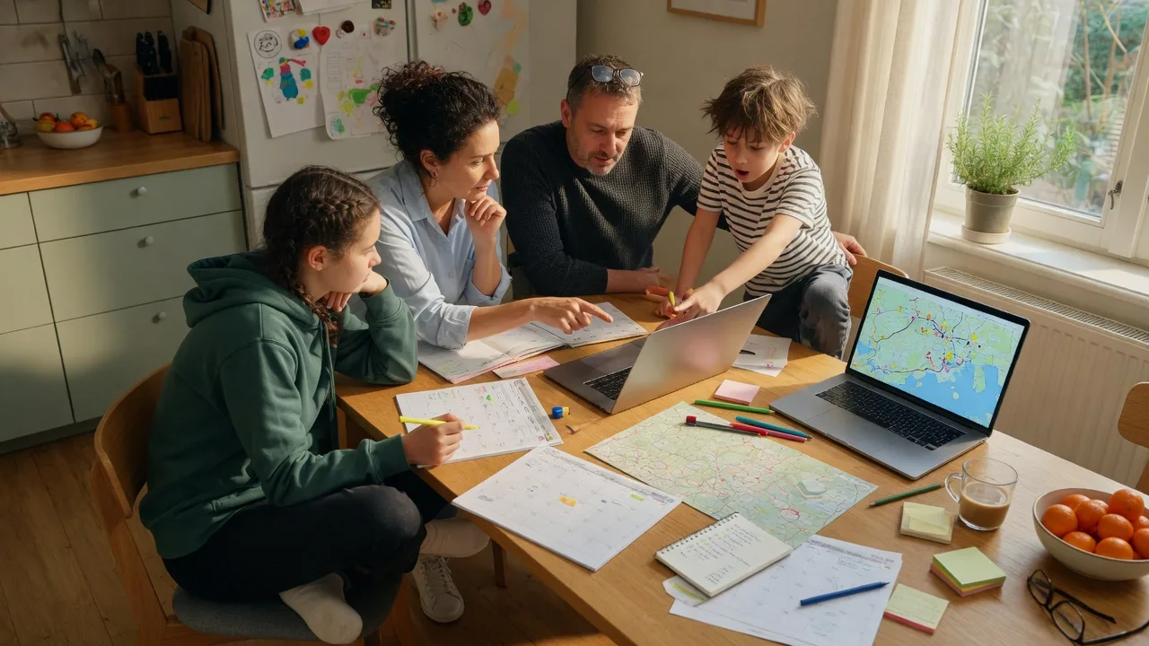 A family planning their California-to-Texas relocation at a kitchen table with calendars and documents