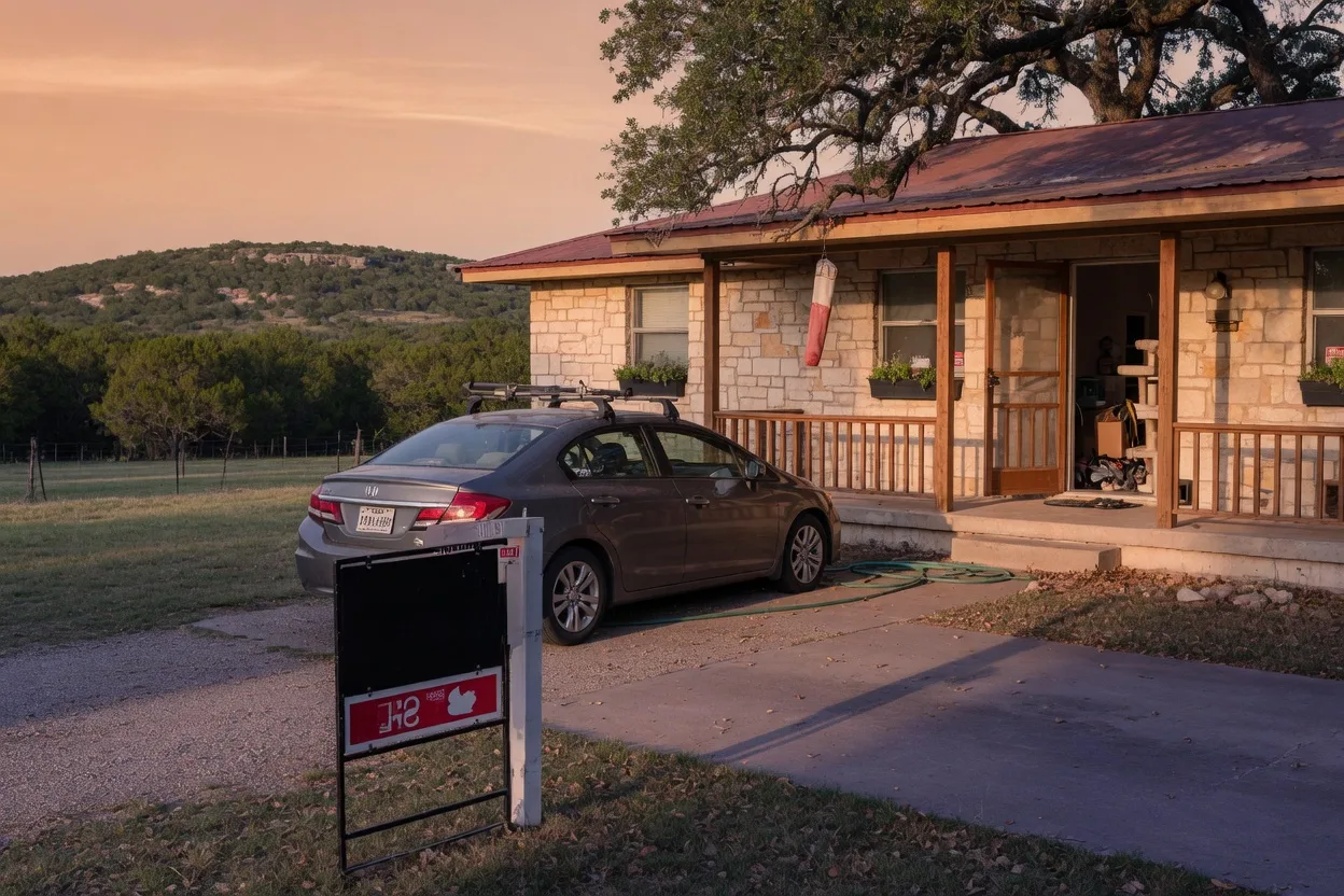 A For Sale sign in front of a Texas Hill Country home with a tenant's car in the driveway