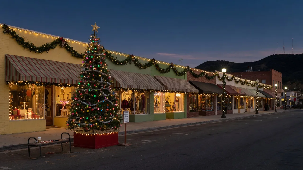 A decorated main street at dusk with warm holiday lights and a community Christmas tree in the Santa Clarita Valley