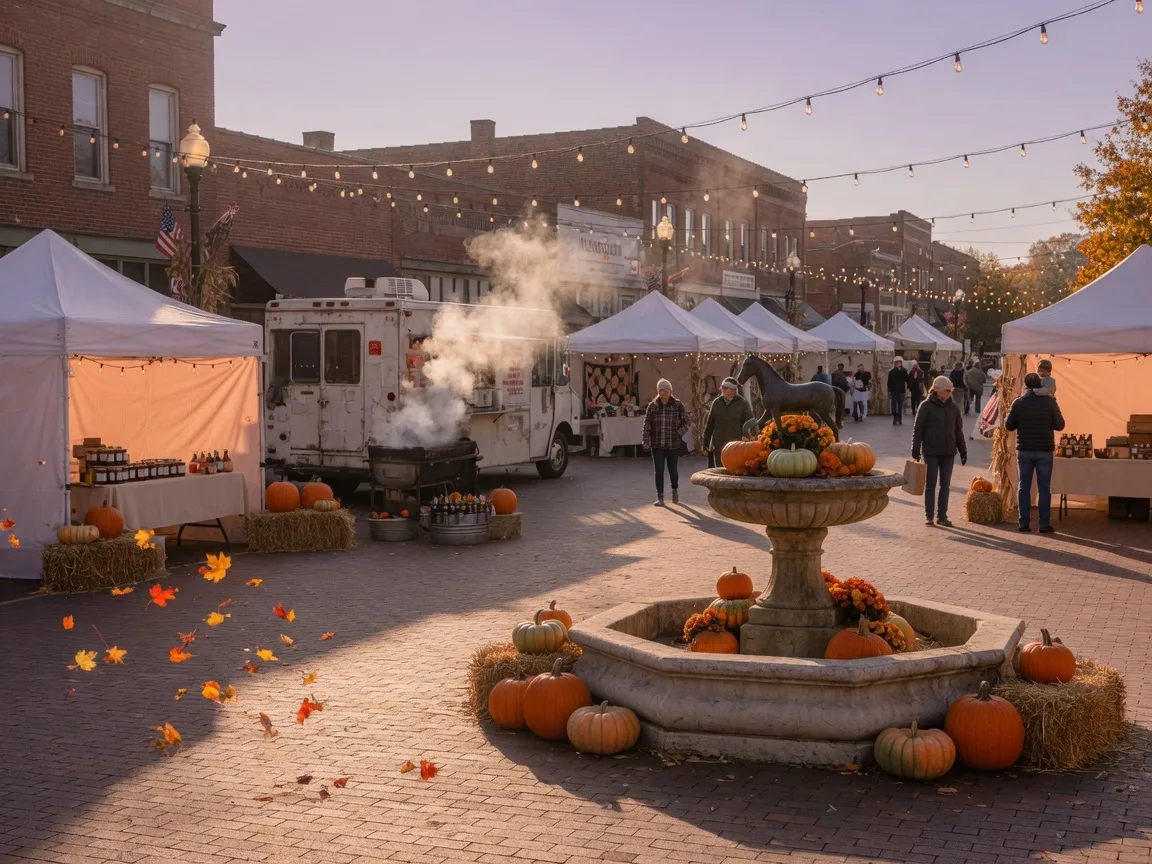 A downtown Kentucky town square dressed for a fall harvest festival with vendor tents, string lights, pumpkins by the fountain and a food truck at golden hour