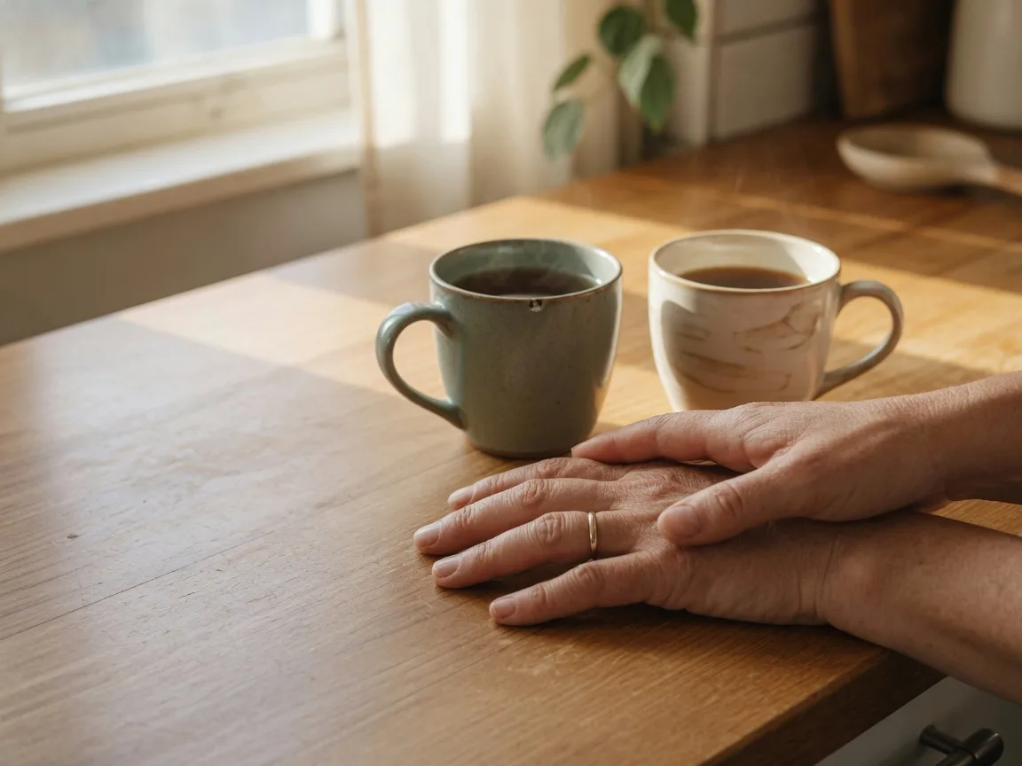 Two adult hands resting one over the other on a warm wooden table beside two ceramic mugs in soft morning window light