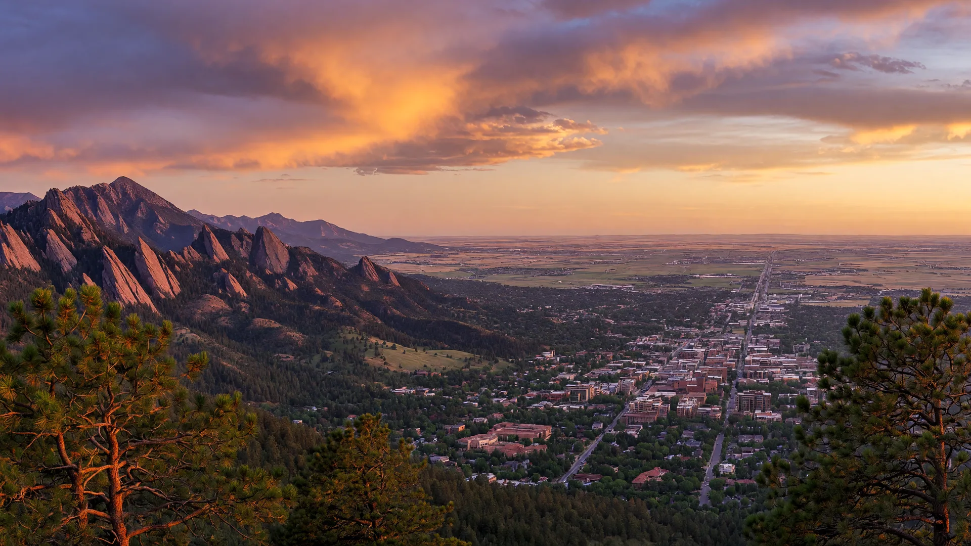 Flagstaff Mountain overlook view of Boulder Colorado at sunset