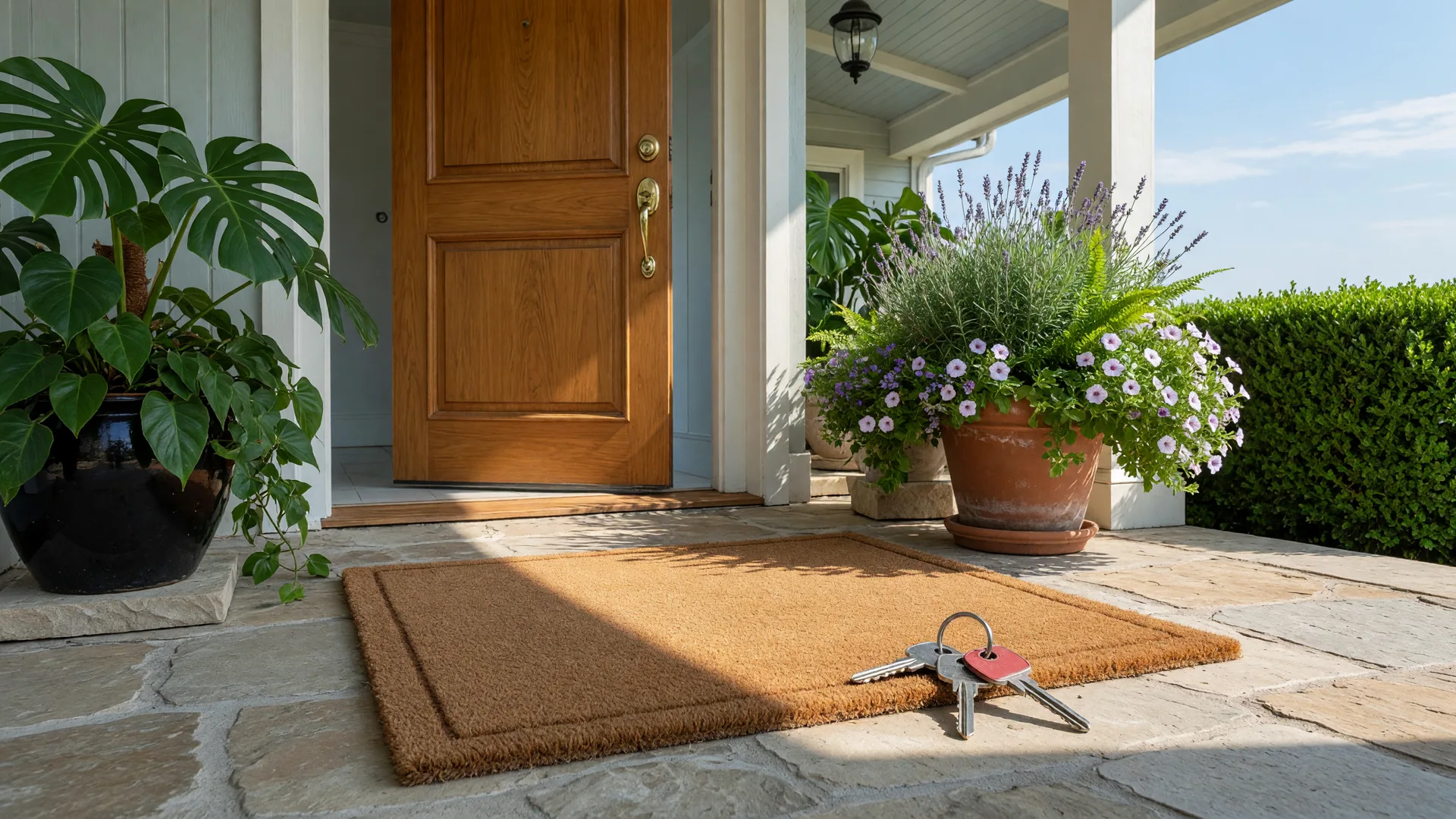 House keys on a welcome mat at the front porch of a suburban home