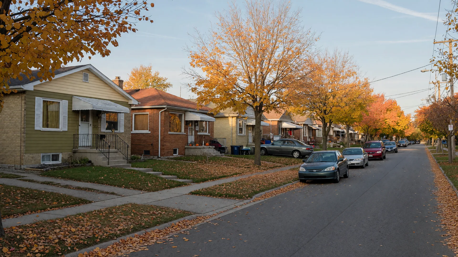 Post-war bungalow street in Vanier, south Oshawa, under golden autumn maples on a clear October afternoon