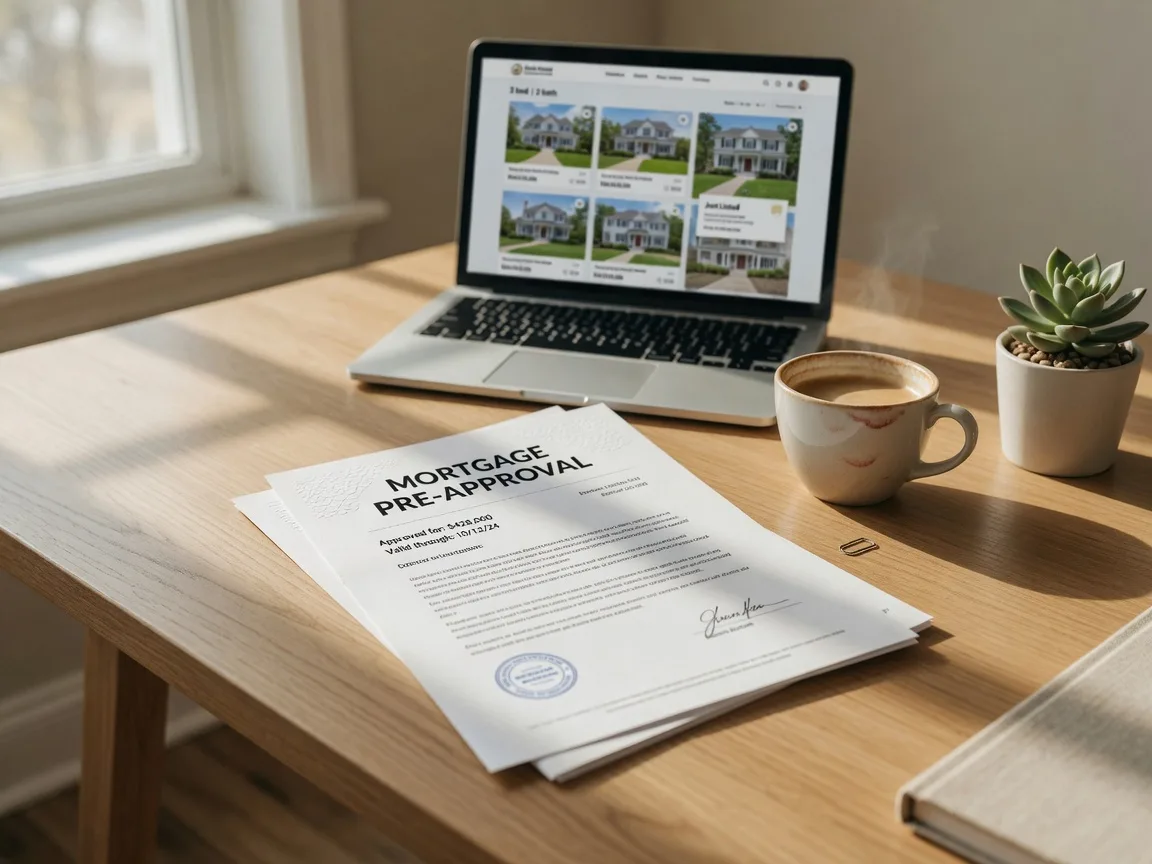 A clean desk with a mortgage pre-approval letter, laptop showing a real estate search, coffee cup, and succulent in soft natural light