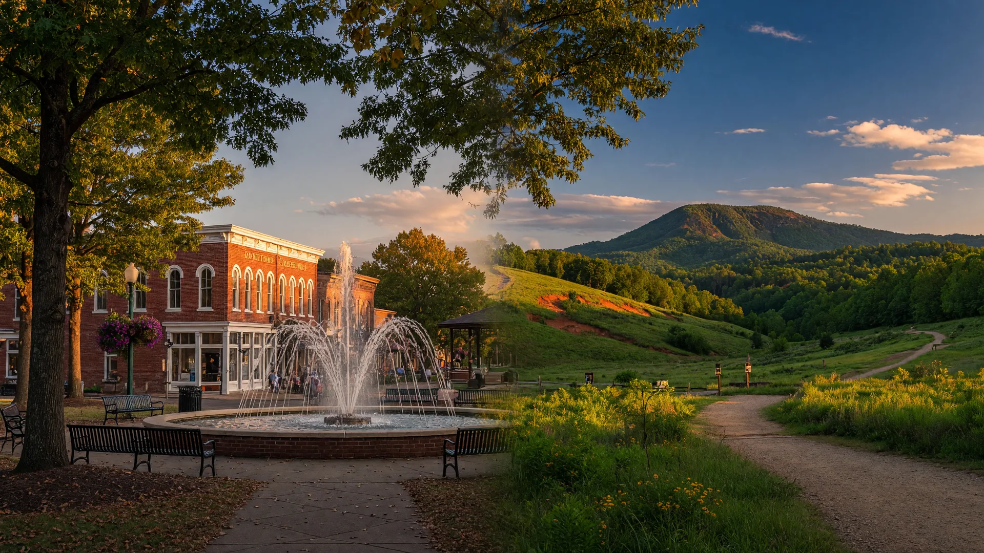 Split scene: Marietta's historic Square with Glover Park on the left and Kennesaw Mountain trails on the right under golden-hour sky