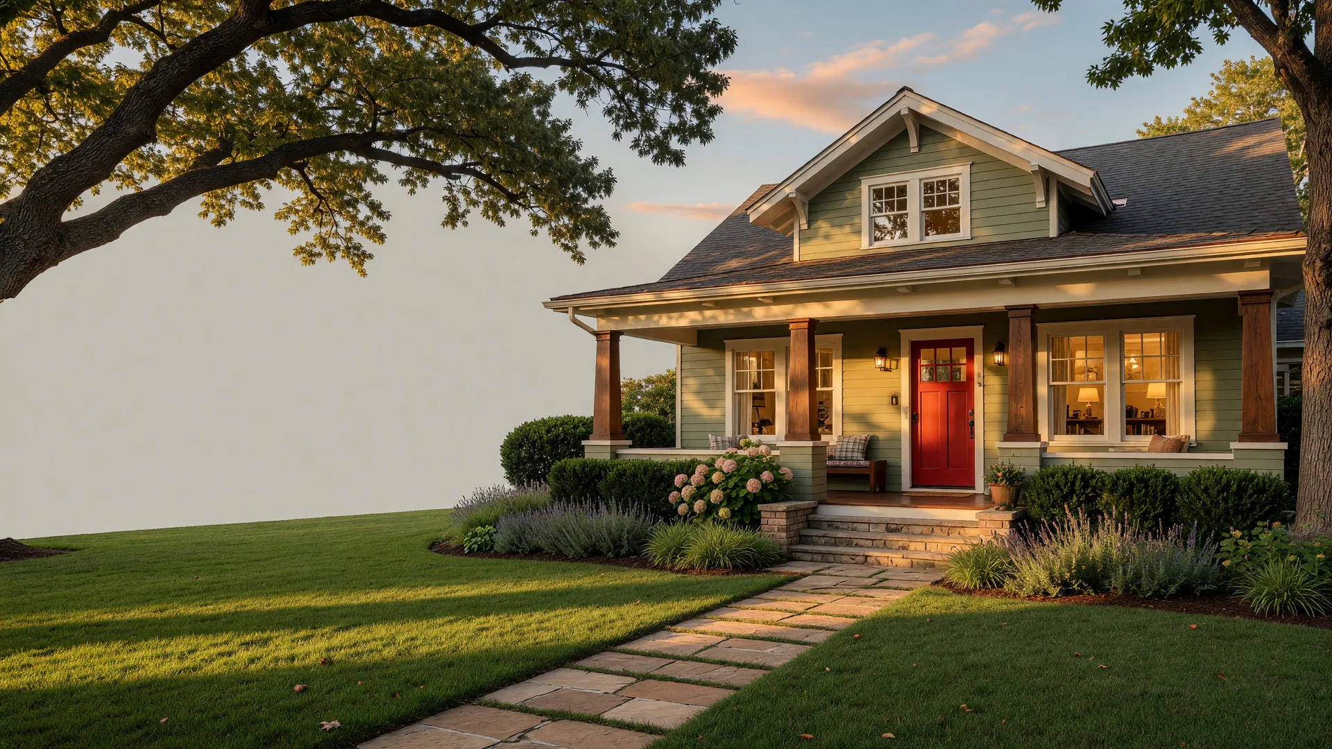 An elegant craftsman-style home at golden hour, the kind of home you might be deciding how to sell