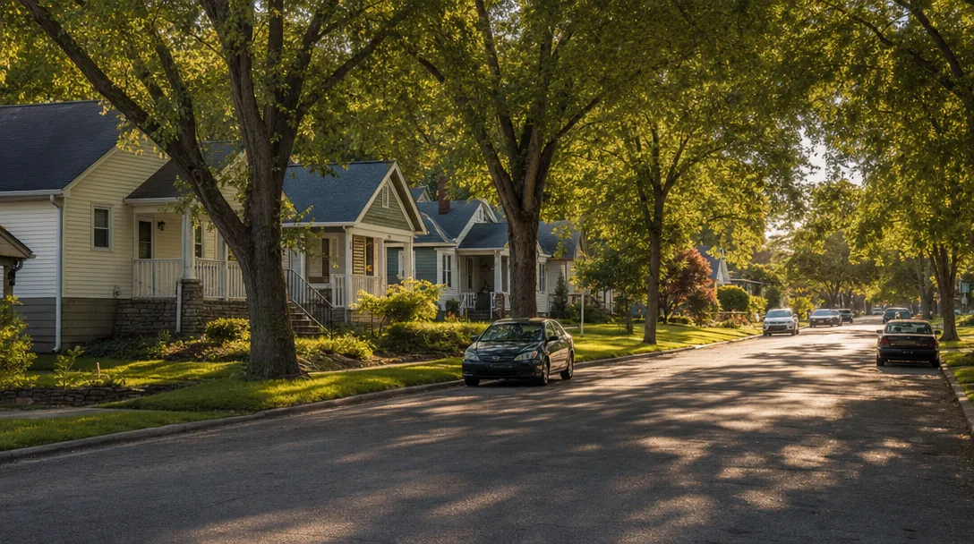 Tree-lined residential street in a Kansas City Northland neighborhood on a late summer afternoon