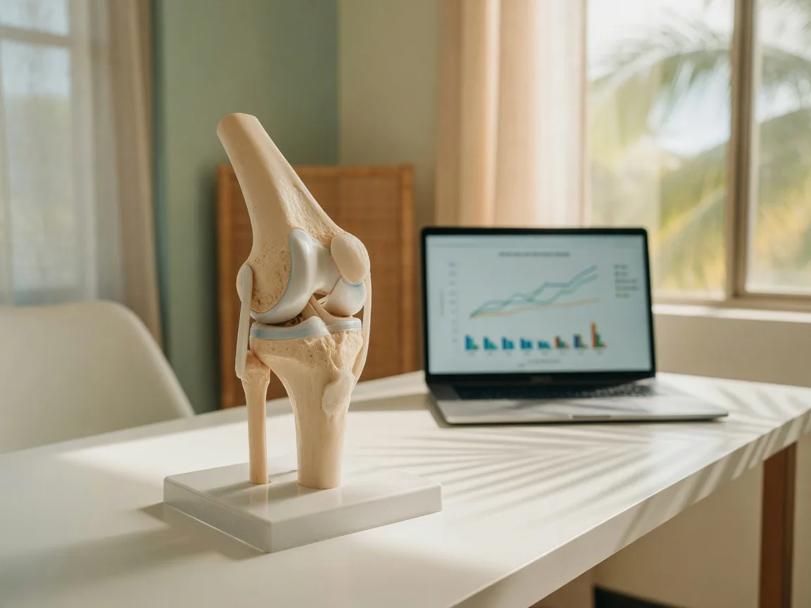A detailed anatomical model of a human knee joint on a white consultation table in a softly lit Honolulu clinic