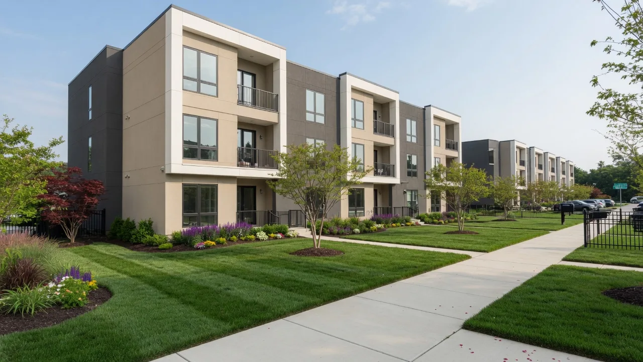 Modern townhomes near King of Prussia Town Center with landscaped common areas