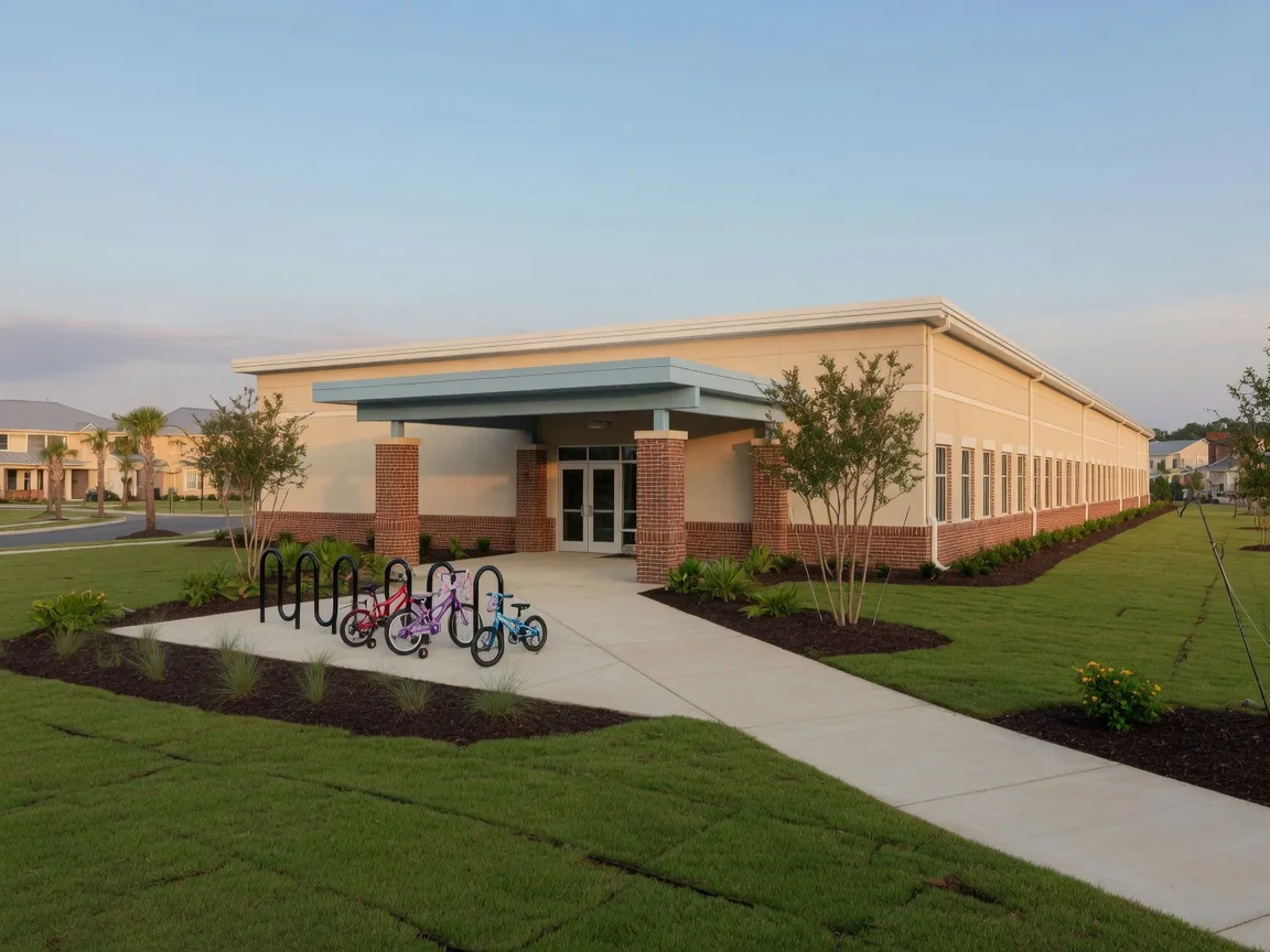 A new public elementary school building with a covered entry and wide sidewalks in a Lowcountry master-planned community, morning light