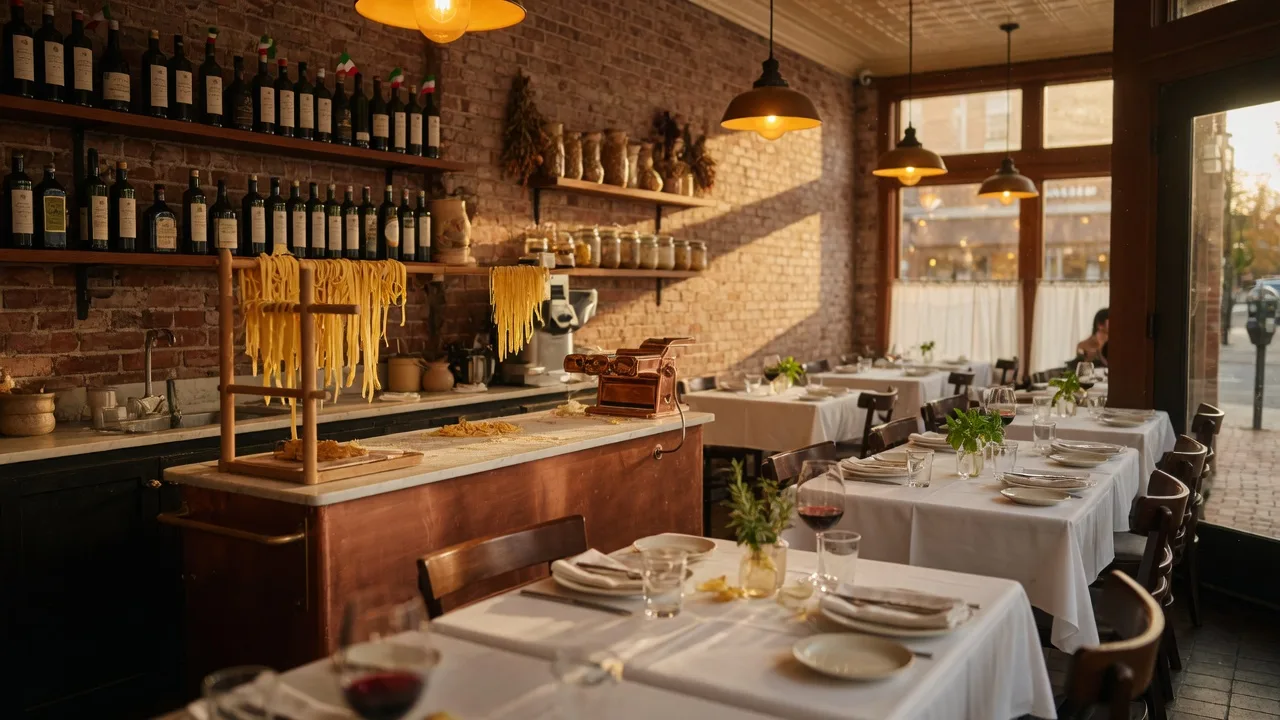 The warm interior of a refined pasta-focused Italian restaurant in downtown Montclair with long wooden tables, a copper pasta-making station with hanging fresh fettuccine, and warm pendant lighting