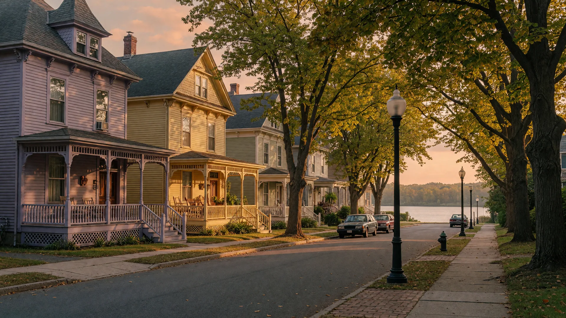 Tree-lined historic street in Riverton NJ with preserved Victorian homes featuring wraparound porches and ornate architecture