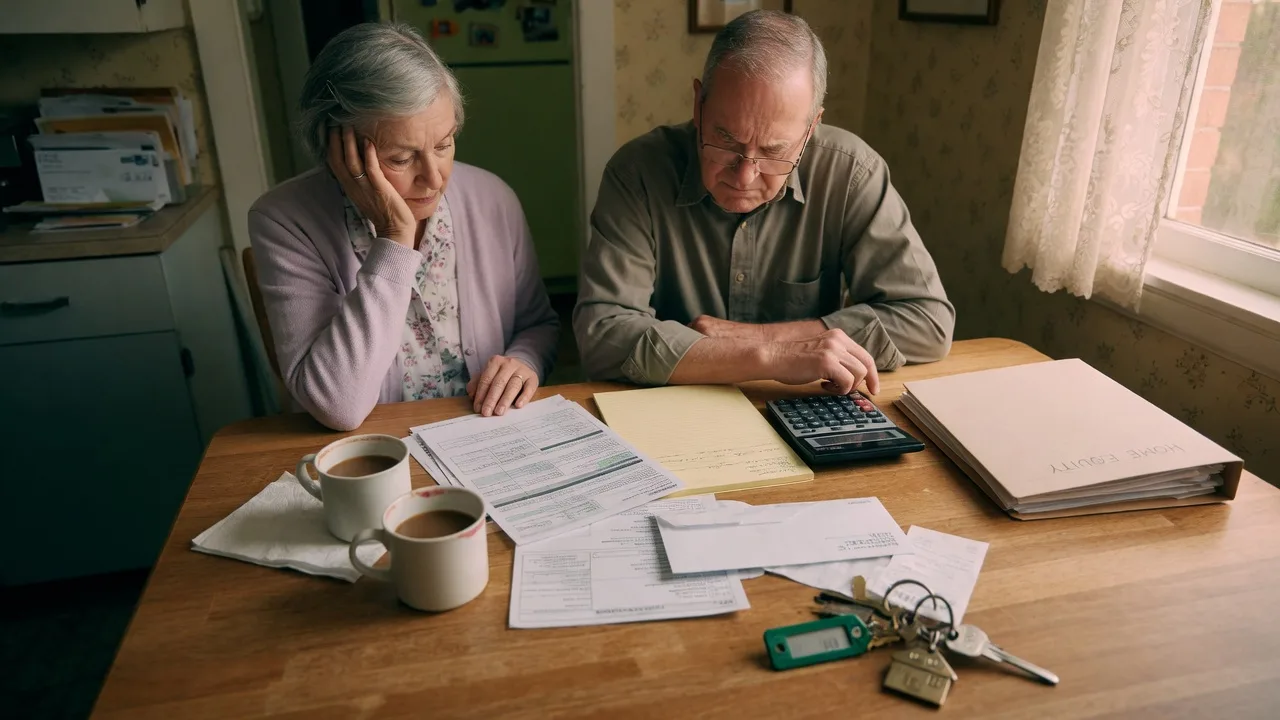 Senior couple reviewing financial documents at a kitchen table with a calculator and house keys
