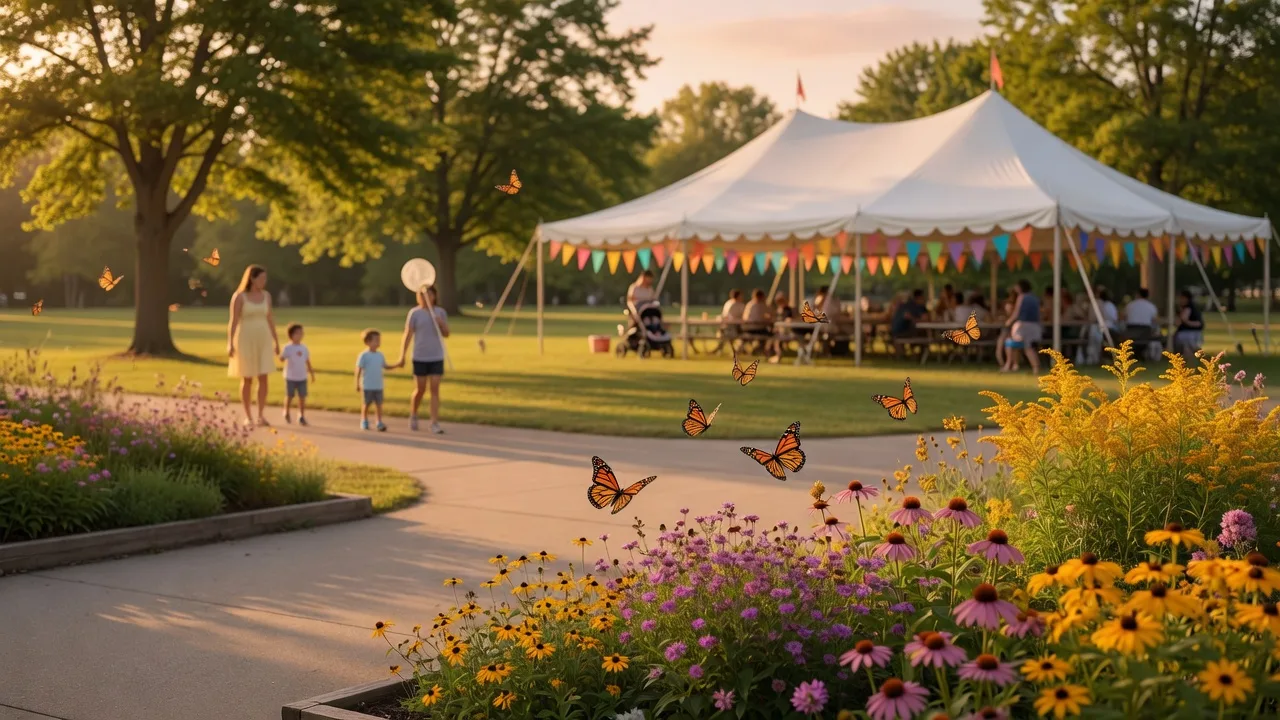 Community butterfly festival at Longwood Park with monarch butterflies over wildflowers, a festival canopy, and families strolling on a warm late-summer afternoon