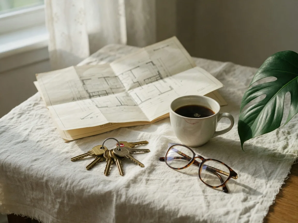 An editorially styled desk: brass keys, a folded floor plan, coffee, and reading glasses in morning light