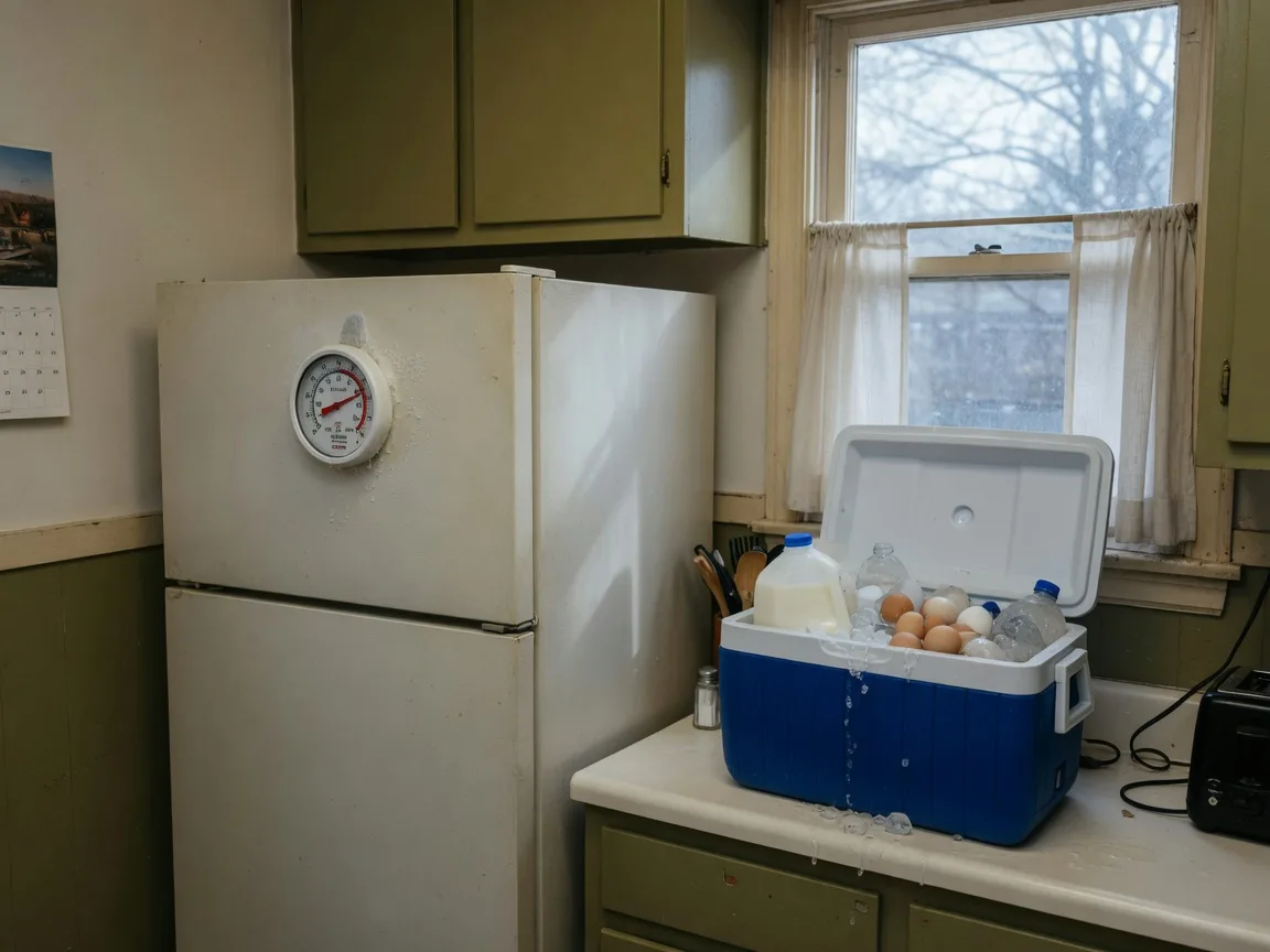 A cooler packed with ice, milk, and eggs on a kitchen counter during a power outage, with the refrigerator door closed and an appliance thermometer on the front of the refrigerator