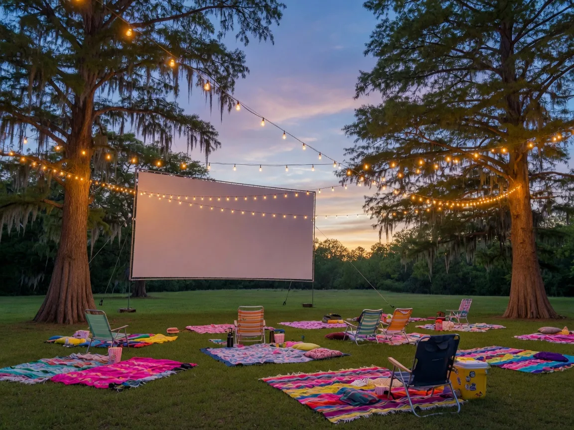 Outdoor movie screen and string lights among cypress trees at the Wimberley Film Festival