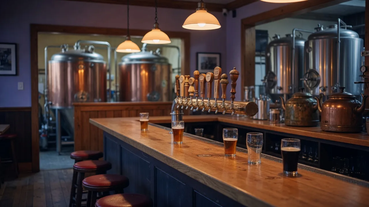A classic American brewpub taproom with a long wooden bar, rows of beer taps, and copper brewing tanks in warm light