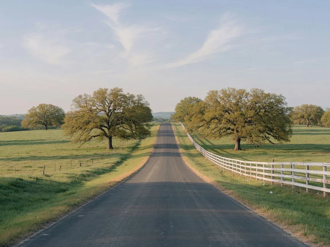 Quiet country road between pastures and post oaks in Whitesboro horse country