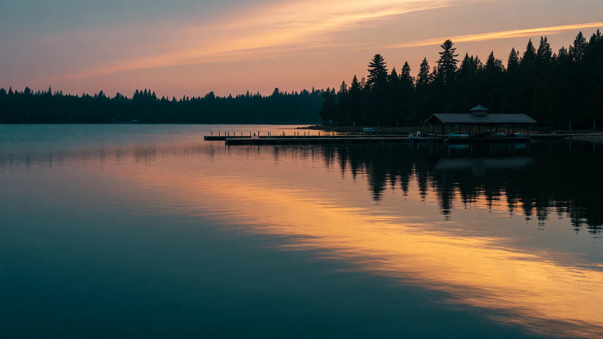 Minnesota lake at sunset with a cedar dock and boathouse silhouette along the shoreline