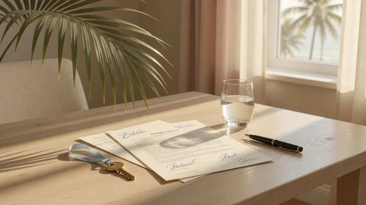 A signed purchase contract and a small brass house key on a light oak table beside a sunlit window, palm fronds softly framing the frame, warm golden morning light in a coastal Florida interior