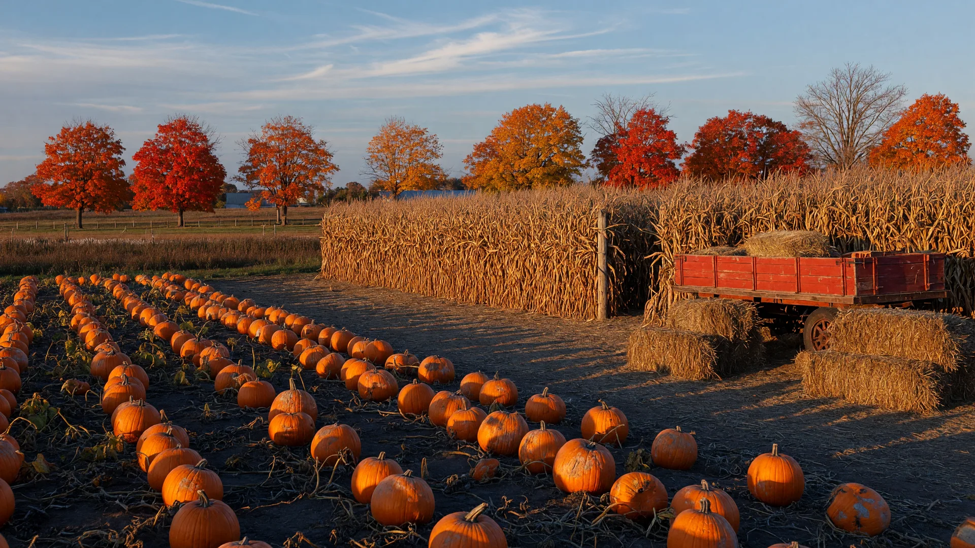 An autumn pumpkin patch with a tall corn maze at a rural Ontario farm in golden-hour light