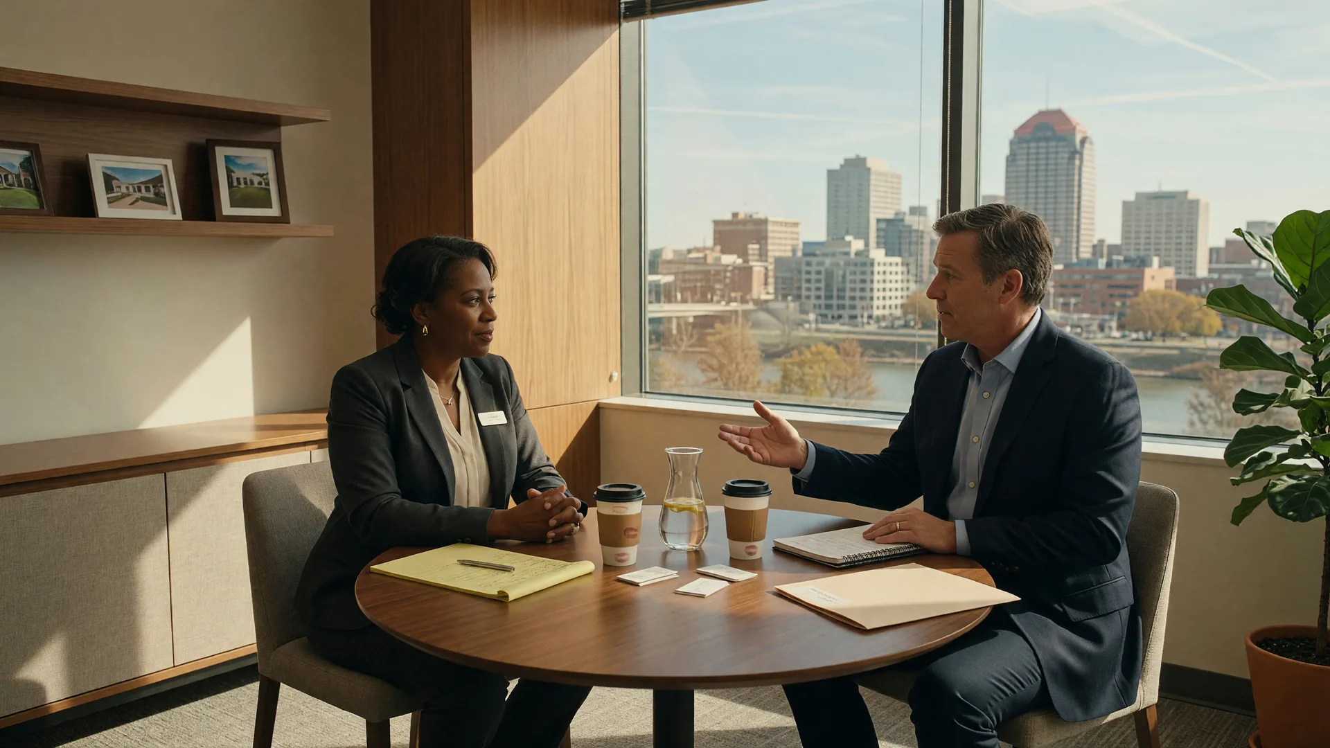 A real estate agent and brokerage manager interviewing in a modern Dayton office with warm wood accents and a downtown view
