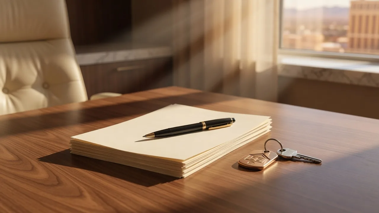 A seller's desk with a stack of blank contract papers, a pen, and a brass house key in warm afternoon light