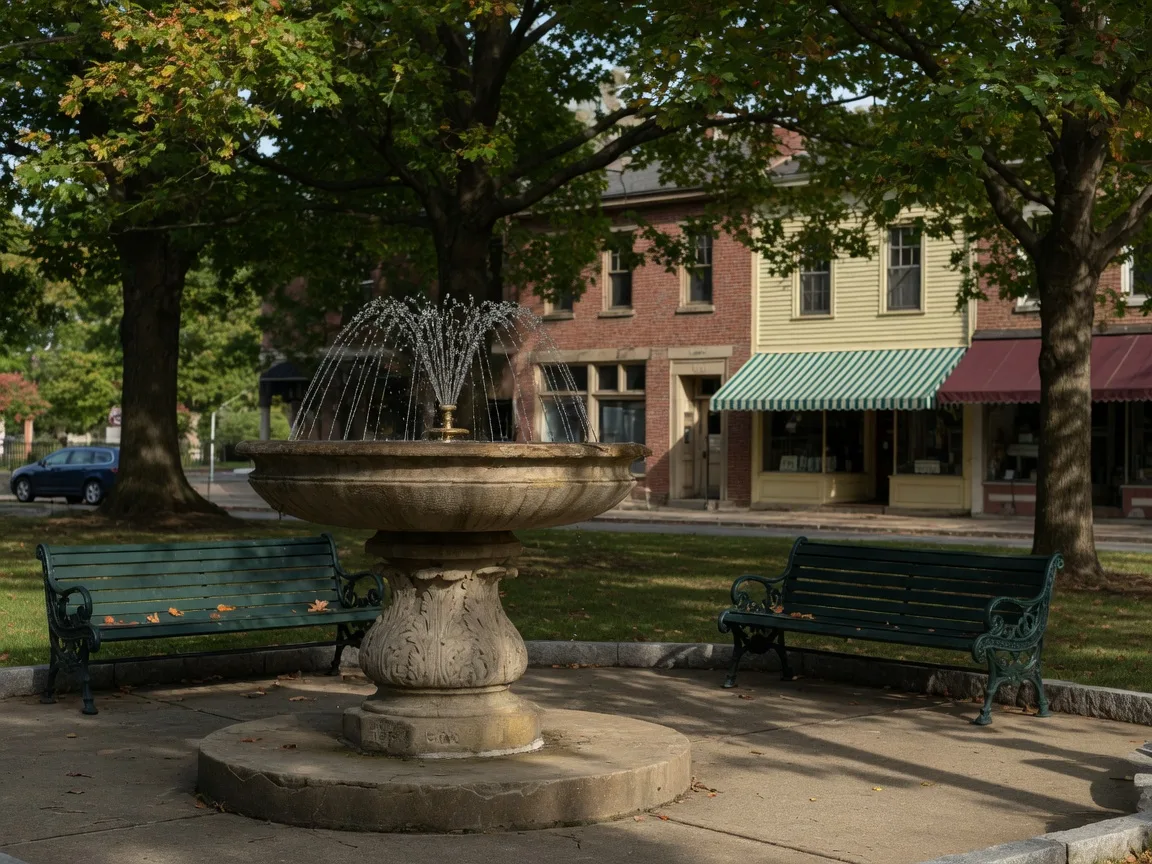 A classic park fountain in a leafy small-town square