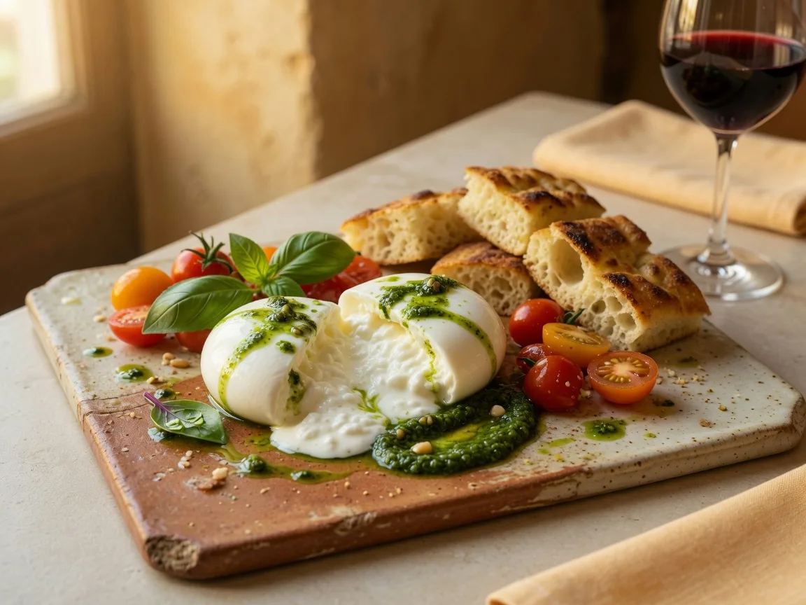Burrata with basil pesto and warm focaccia beside a glass of Italian red wine at Pasta Masters Cucina in Hoschton Georgia