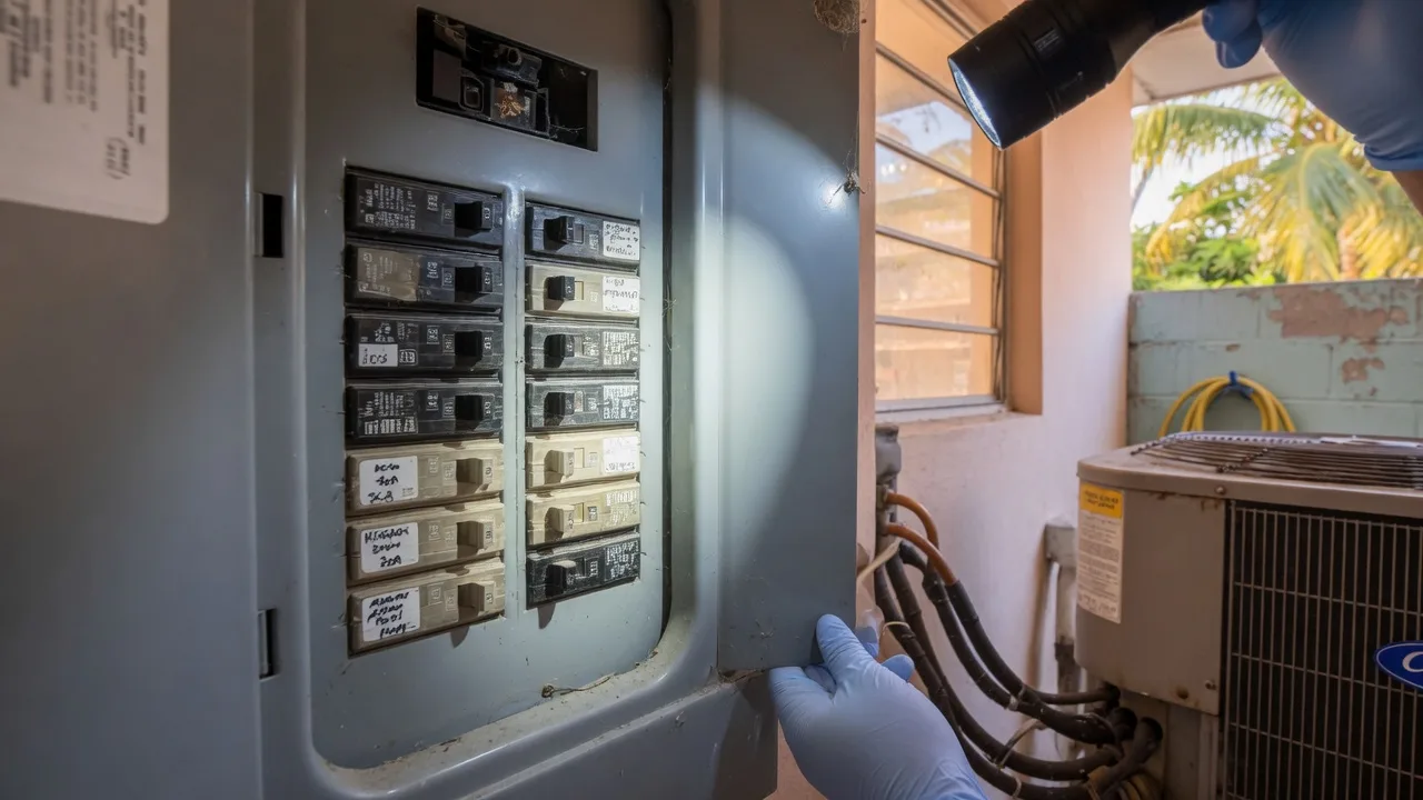 Inspector's view of an open electrical panel lit by flashlight during a Miami home inspection