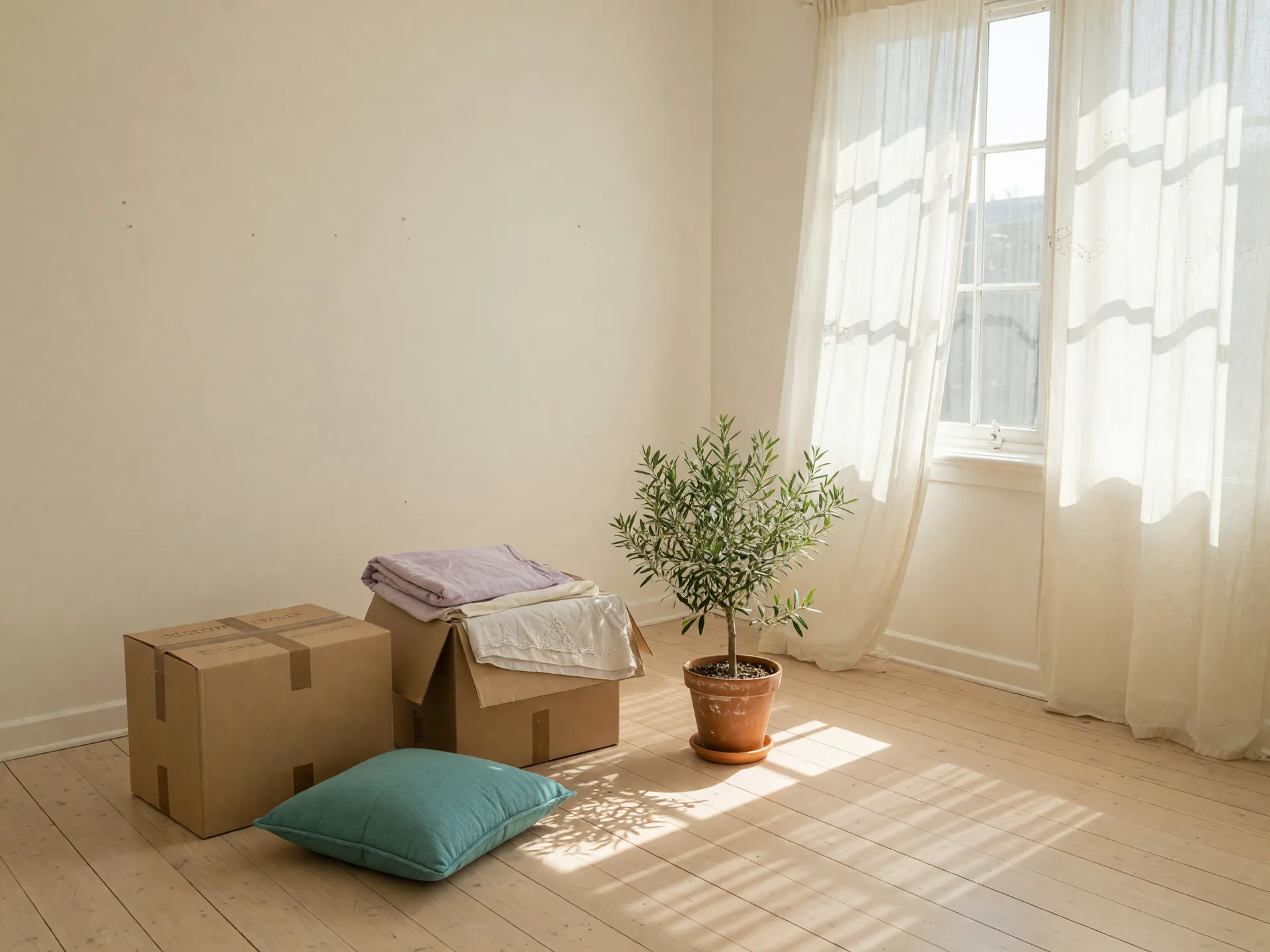 Bright, empty room with a few moving boxes by a window with linen curtains
