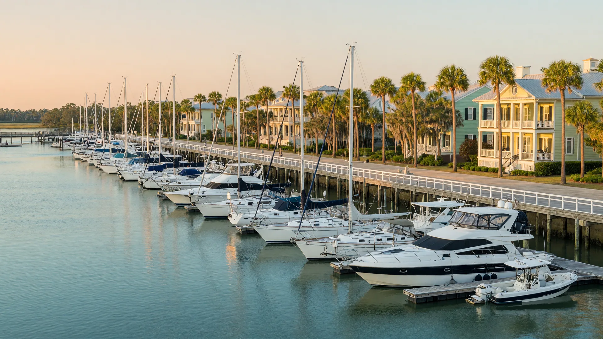Luxury marina with sailboats on calm Lowcountry water at morning