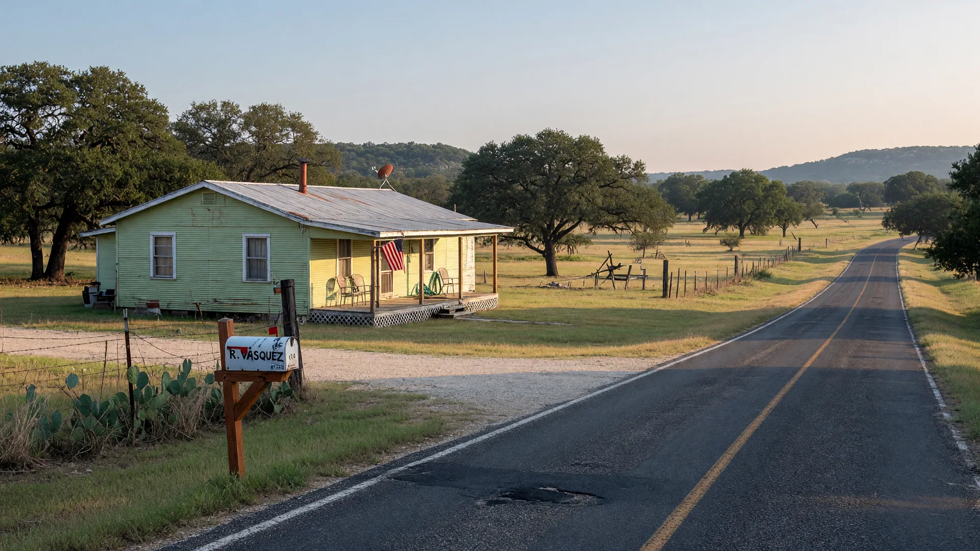 A modest single-story rural Texas home on a quiet country road in the Hill Country