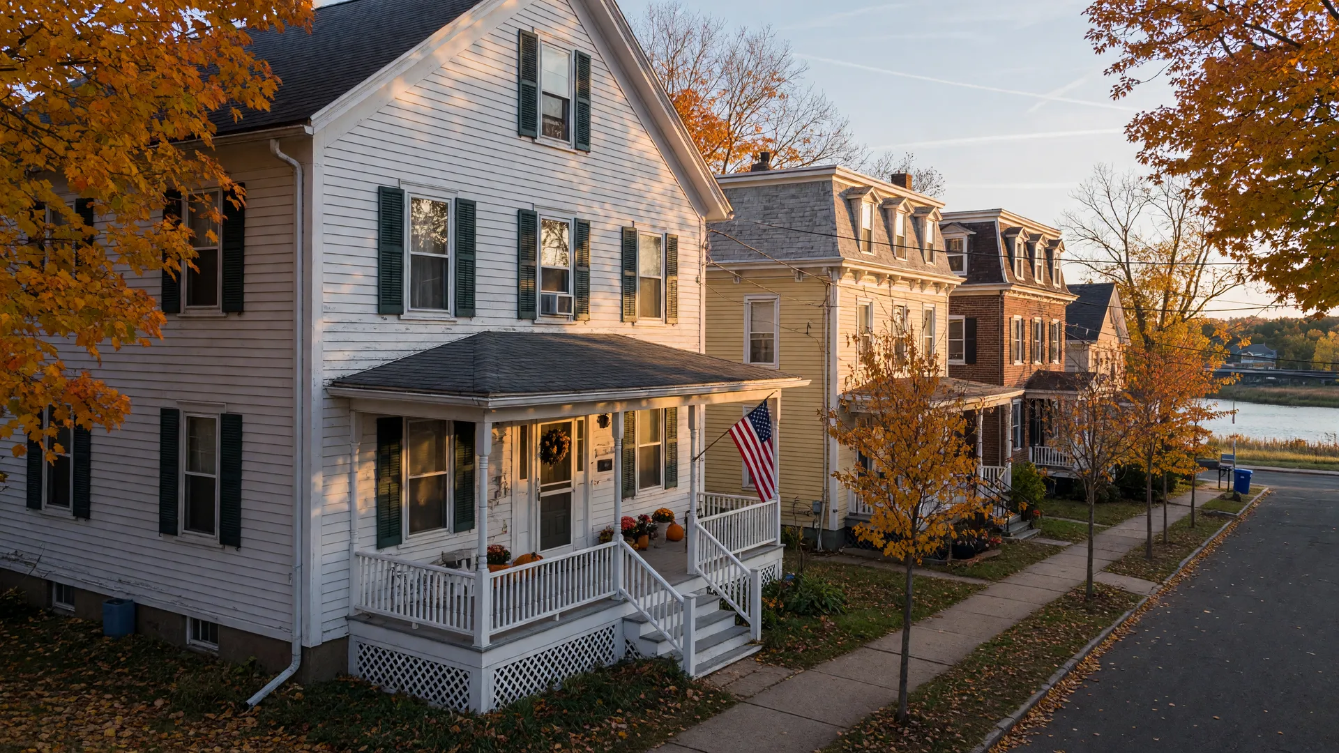 A classic two-story white clapboard New England home on a tree-lined Fair Haven street in New Haven at golden hour, with a front porch, dark shutters, autumn maples, and the Quinnipiac River beyond the rooftops
