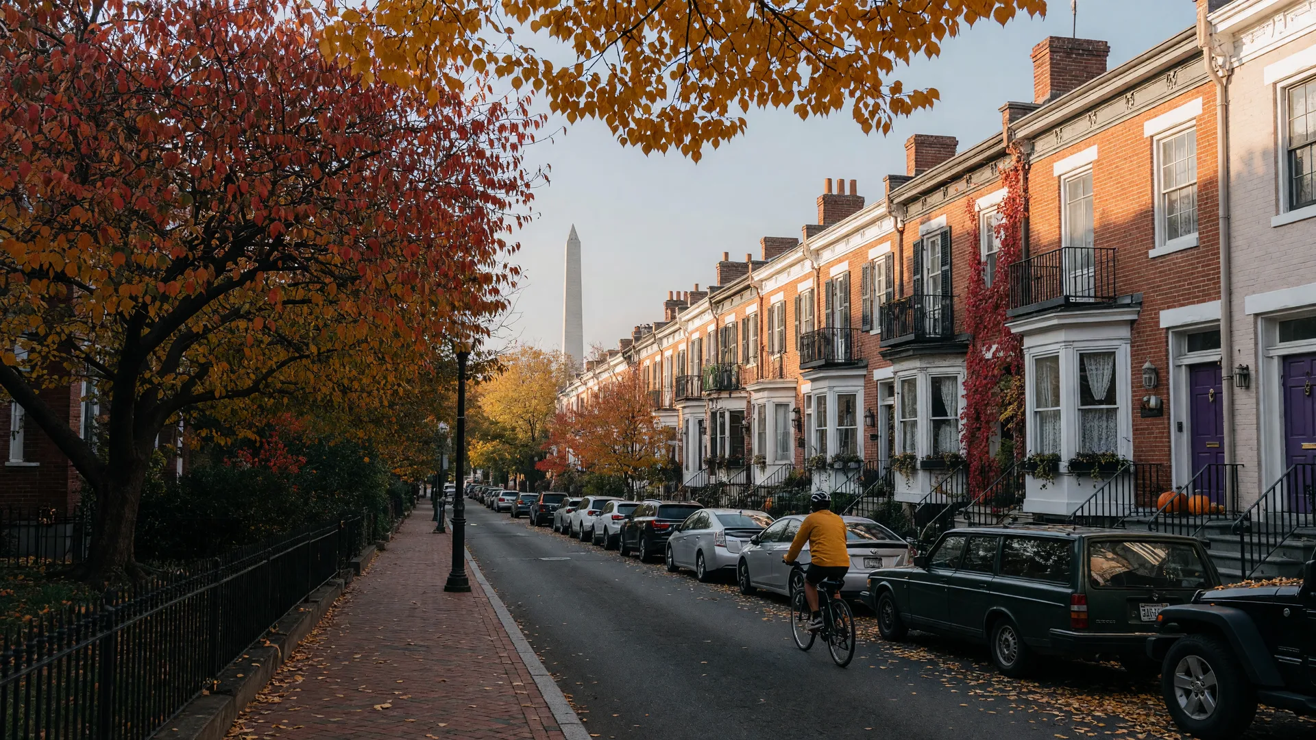 Tree-lined block of 19th-century brick rowhouses in the Georgetown neighborhood of Washington DC on a crisp October morning, red and gold autumn leaves overhead, warm light raking across the facades, and the Washington Monument faintly visible at the end of the street