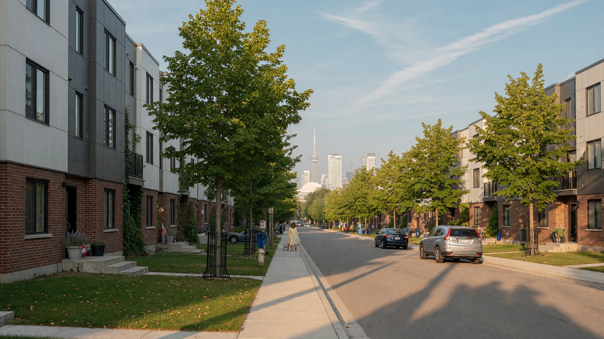Tree-lined Etobicoke residential street with modern townhouses in warm morning light