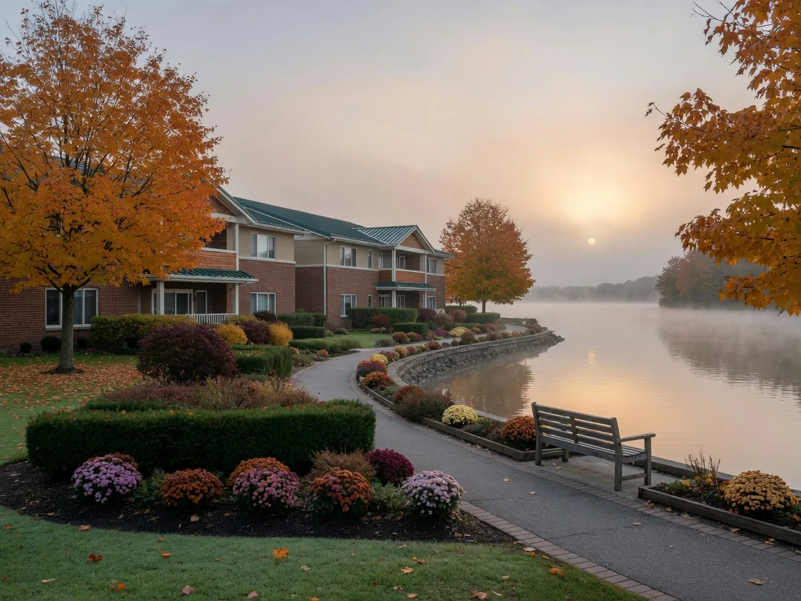 A tranquil lakeside retirement residence community on the shore of Lake Scugog with landscaped gardens and a waterfront walking path in autumn