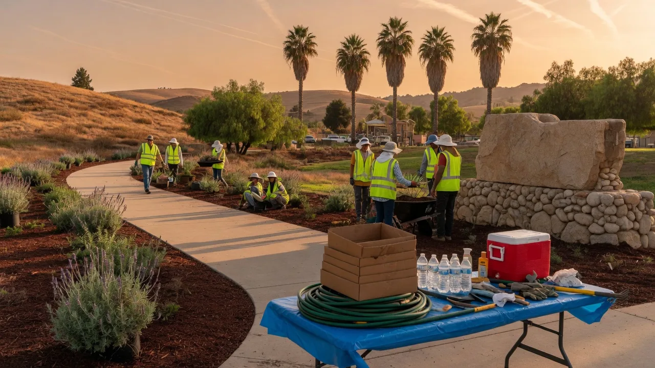 Community volunteers in safety vests planting shrubs at a sunny Murrieta park