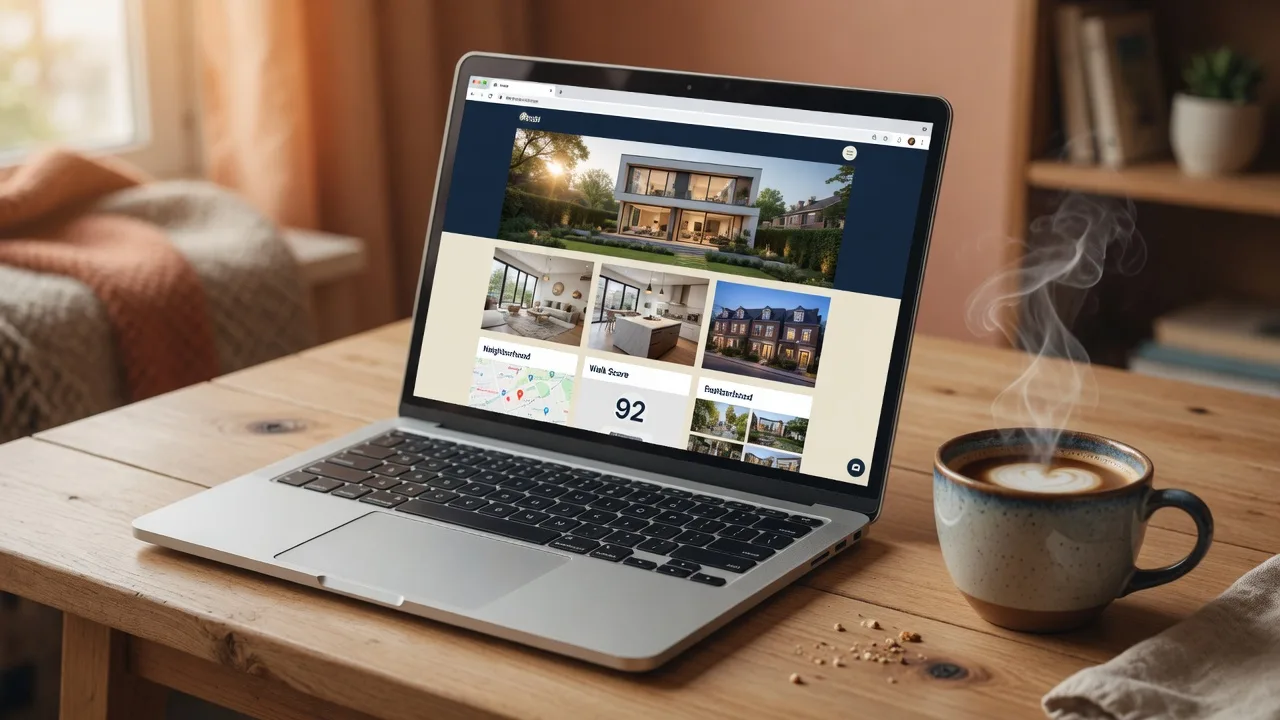 Custom property website shown on a laptop with professional real estate photography and neighborhood guides