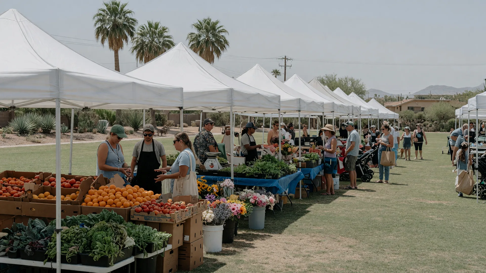 Open-air farmers market with white tents on a community green near Avondale