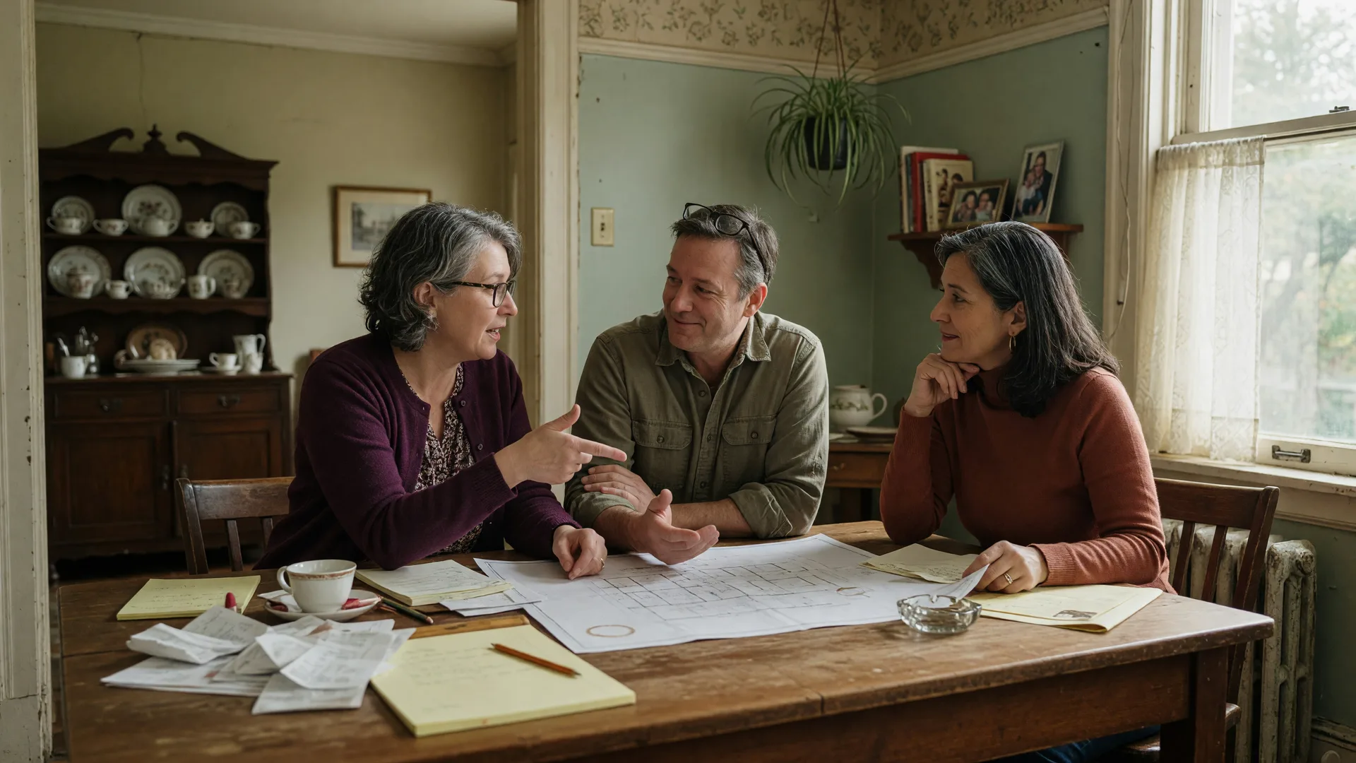 Three adult siblings reviewing papers around a kitchen table in a Victoria family home