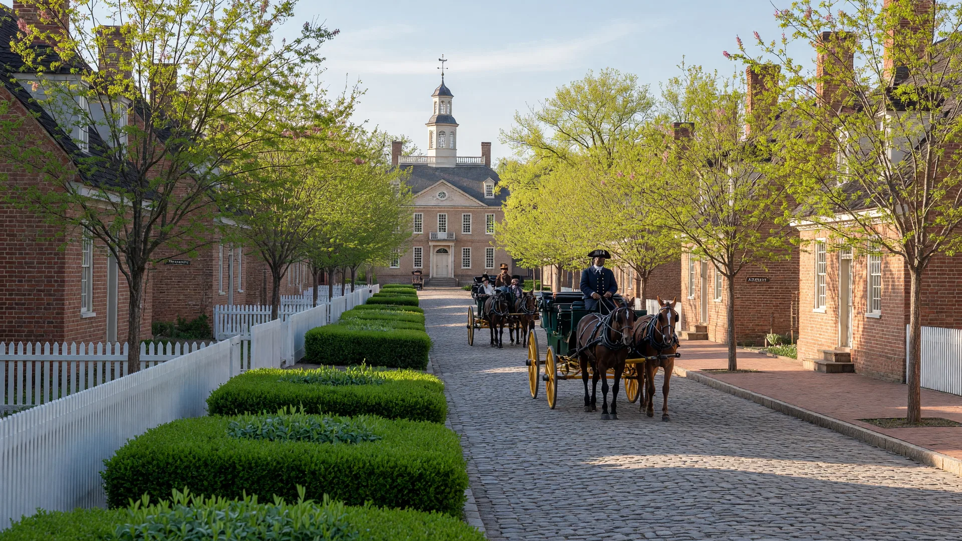 Historic Duke of Gloucester Street in Colonial Williamsburg with colonial brick buildings and tree-lined cobblestone
