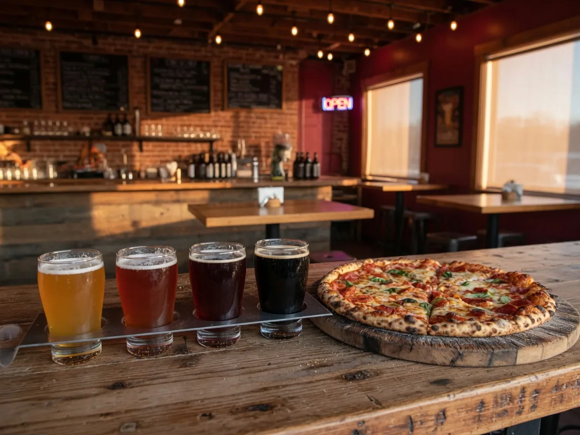 A craft beer flight of amber, golden, and dark beers on a rustic wooden bar beside a stone-oven pizza in a cozy Ohio brewpub